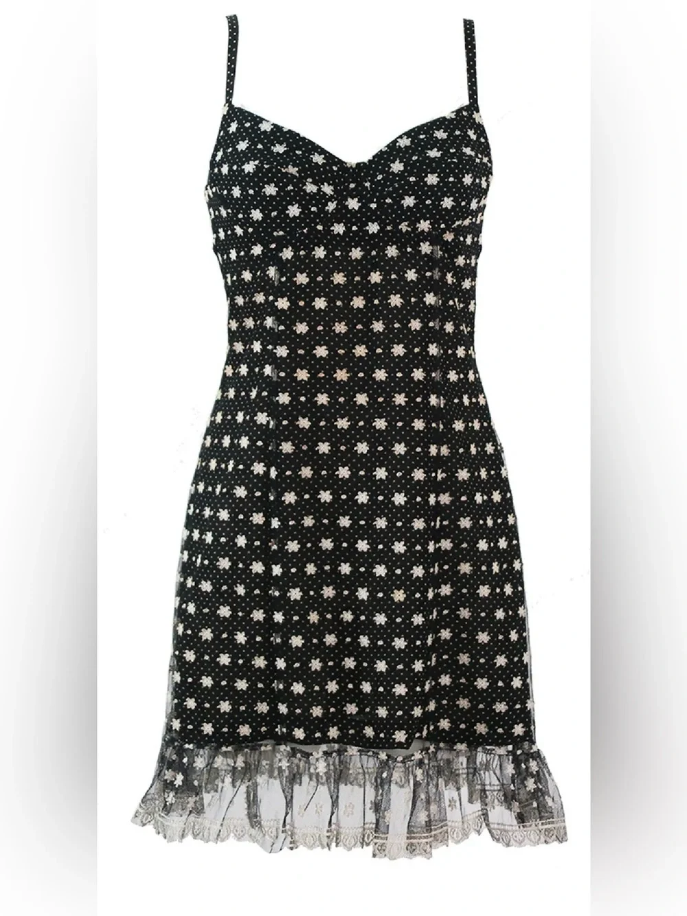 Kenzo vintage Black & White Polka Dot Strappy Mini Dress with Floral Lace - Picture 1 of 9